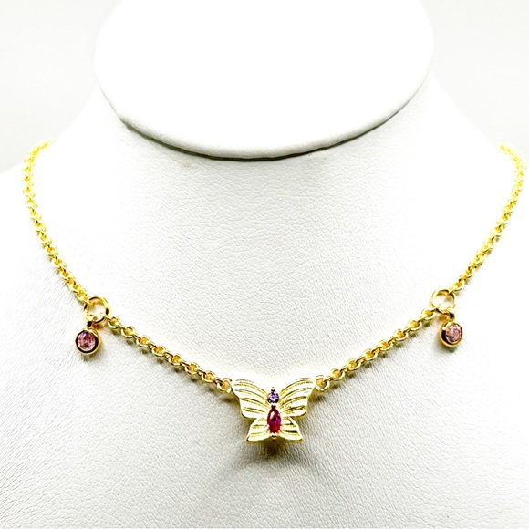 NWOT Sterling silver 14k gold plated butterfly necklace with red stone 16”-18” - Picture 12 of 12